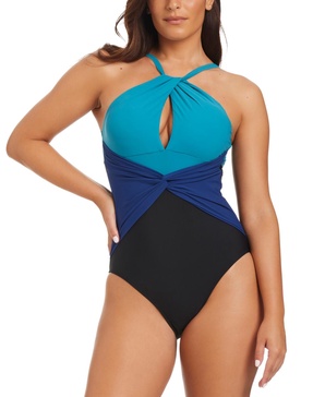 Women's Coastal Colorblock Twisted Halter One-Piece Swimsuit