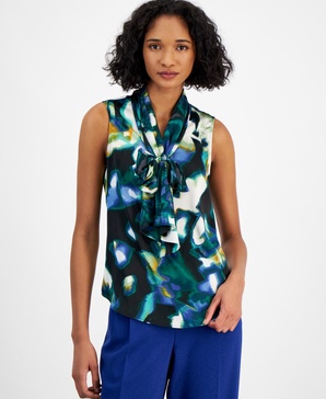 Women's Sleeveless Printed Tie-Neck Blouse, Created for Macy's