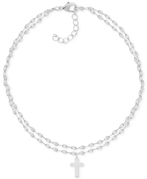 Two-Row Mirror Chain Cross Silver Plate Anklet