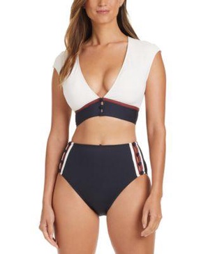 Women's Button Down Cap-Sleeve Cropped Bikini Top & High-Waisted Bottoms