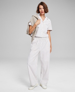 Women's Linen Blend Smocked-Waist Pull-On Pants, Created for Macy's