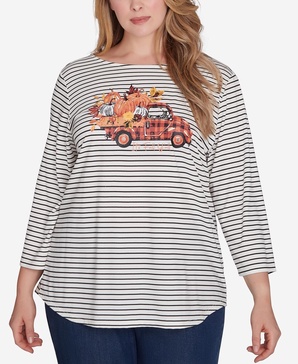 Plus Size Boat Neck Fall Y'All Truck Striped Knit Top