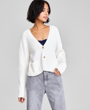 Women's Ribbed Patch-Pocket 3-Button Cardigan Sweater