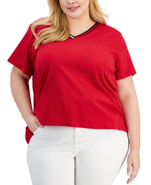 Plus Size V-Neck Dot-Print Top