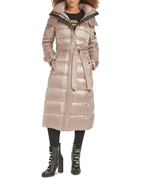 Karl Lagerfeld Womens Shine Hooded Belted Puffer Coat