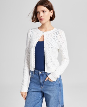 Women's Pointelle Crewneck Cardigan, Exclusively at Macy's