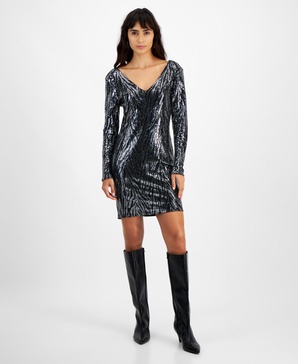 Women's Zebra-Sequin Long-Sleeve Mini Dress, Created for Macy's