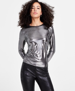 Women's Long-Sleeve Foil Ruched Top, Exclusively at Macy's