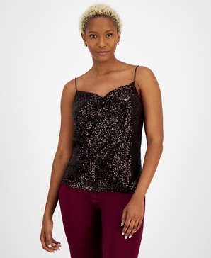 Women's Drape-Neck Sleeveless Sequin Tank Top, Created for Macy's 