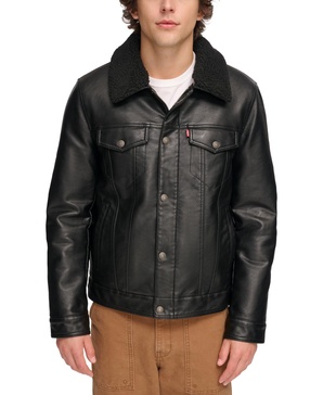 Men's Sherpa-Trim Faux-Leather Trucker Jacket