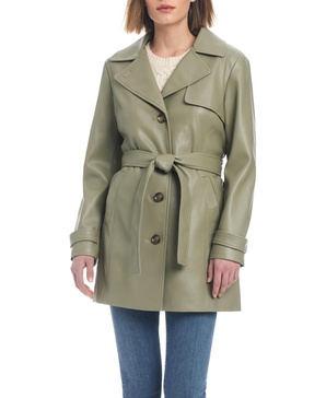 Women's Faux Leather Single-Breasted Fitted Trench Coat