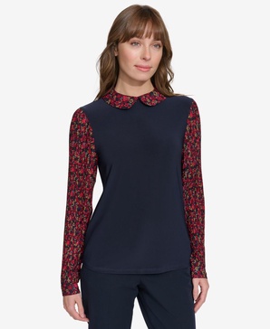 Women's Collared Pleated-Sleeve Top