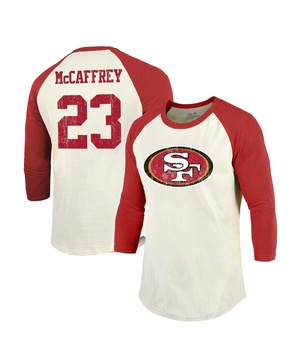 Men's Threads Christian McCaffrey Cream, Scarlet San Francisco 49ers Player Name and Number Raglan 3/4-Sleeve T-shirt