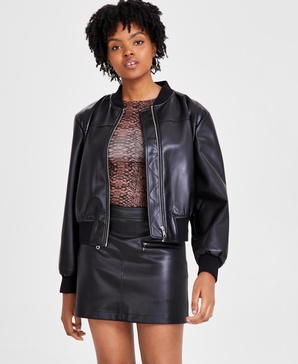 Women's Faux-Leather Zip-Front Bomber Jacket, Created for Macy's