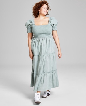 Trendy Plus Size Puff-Sleeve Cotton Tiered Maxi Dress, Created for Macy's 