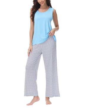 Women's Solid 2 Piece Tank Top with Printed Wide Pants Pajamas Set