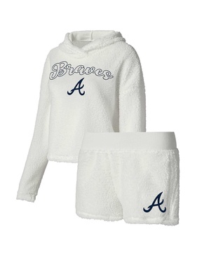 Women's Cream Atlanta Braves Fluffy Hoodie Top and Shorts Sleep Set