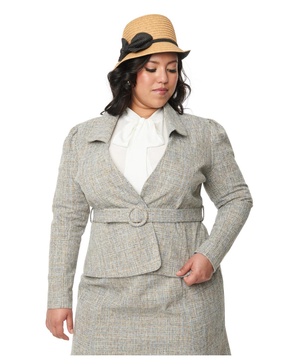 Plus Size Beige & Baby Blue Tweed Belted Jacket