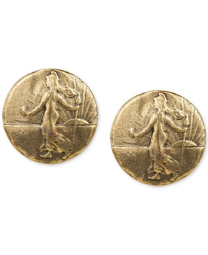 Gold-Tone Goddess Coin Button Earrings