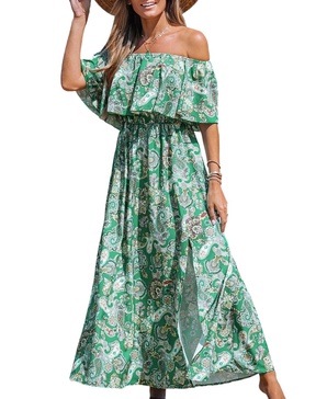 Women's Paisley Flounce Off-the-Shoulder Beach Dress