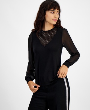 Women's Crewneck Long-Mesh-Sleeve Top, Created for Macy's 