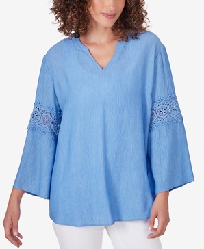 Petite Bali Split Neck Lace Bell Sleeve Top