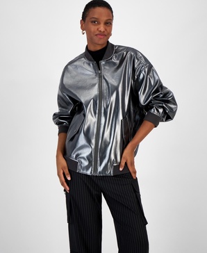 Women's Foil Faux-Leather Bomber Jacket, Created for Macy's 