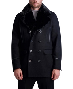 Paris Men's Wool Peacoat with Faux Fur Collar