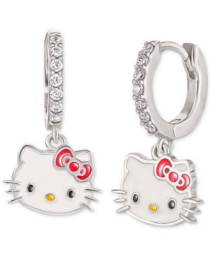 Cubic Zirconia & Enamel  Hello Kitty Dangle Hoop Drop Earrings in Sterling Silver