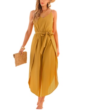 Women's Yellow V-Neck Wide Leg Jumpsuit