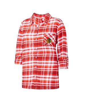 Women's Red Chicago Blackhawks Mainstay Flannel Full-Button Three-Quarter Sleeve Nightshirt