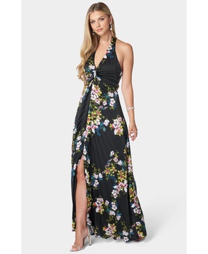 Women's Print Satin Pleat Maxi Dress