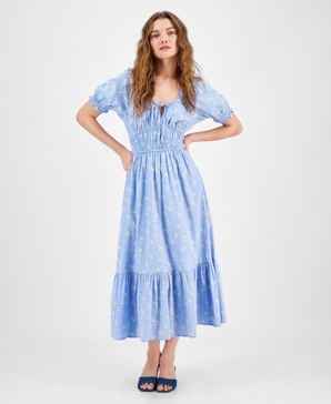 Women's Printed Cotton Puff-Sleeve Maxi Dress, Exclusively at Macy's