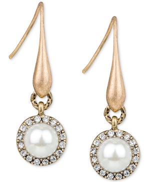 Gold-Tone Imitation Pearl & Pavé Halo Drop Earrings