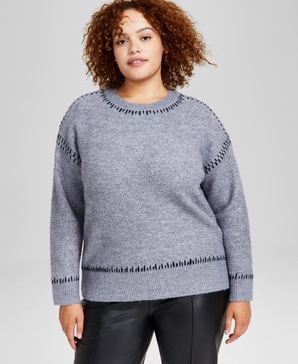 Trendy Plus Size Whipstitch Crewneck Sweater, Created for Macy's