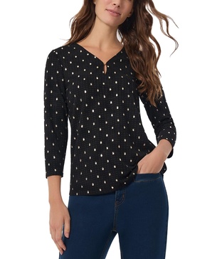 Petite Printed Textured Keyhole 3/4-Sleeve Top