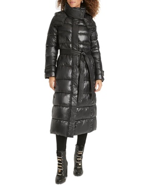 Karl Lagerfeld Womens Shine Hooded Belted Puffer Coat