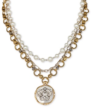 Two-Tone Pavé & Imitation Pearl Crown Coin Convertible Layered Pendant Necklace, 18" + 1" extender