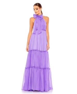 Women's Ieena Ruched Tiered High Neck Bow A Line Gown