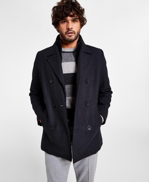 Men's Double Breasted Wool Blend Peacoat with Bib 