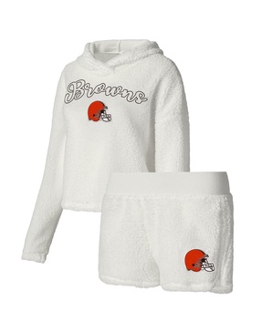 Women's White Cleveland Browns Fluffy Pullover Sweatshirt and Shorts Sleep Set