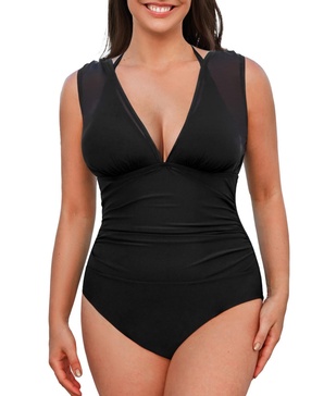 Plus Size Mesh Halter Tummy Control with Removable Bikini Top One Piece Swimsuits