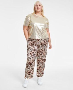 Trendy Plus Size Boxy Cropped Sequin Top & Cheetah-Print Shine Cargo Satin Pants, Created for Macy's	