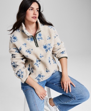 Women's Embroidered Floral Fleece Long-Sleeve 1/4 Zip Jacket, Created for Macy's