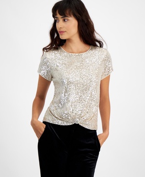 Women's Sequin Short-Sleeve Knot-Hem Top, Created for Macy's