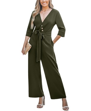 Women's Deep V-Neck Button-Detail Tie-Waist Jumpsuit