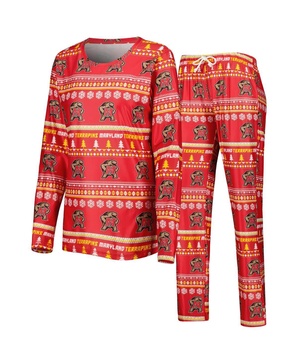 Women's Red Maryland Terrapins Holiday Long Sleeve T-shirt and Pants Sleep Set