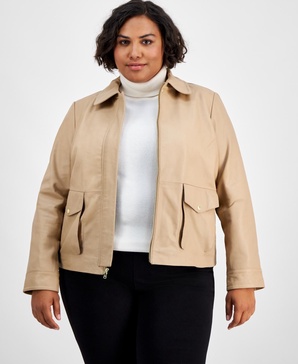 Plus Size Leather Zip-Front Collared Coat