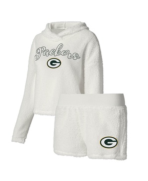 Women's  White Green Bay Packers Fluffy Pullover Sweatshirt and Shorts Sleep Set