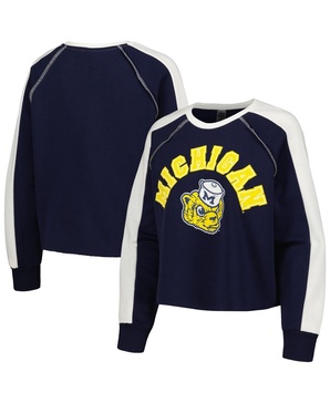 Women's Navy Michigan Wolverines Blindside Raglan Cropped Pullover Sweatshirt